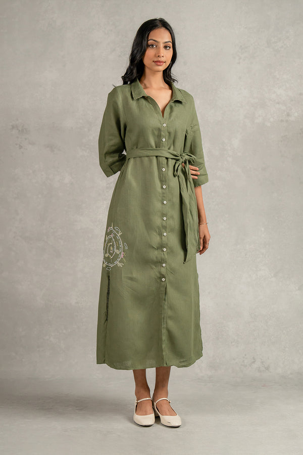 Yavie Linen Long dress with Pockets - Olive Green