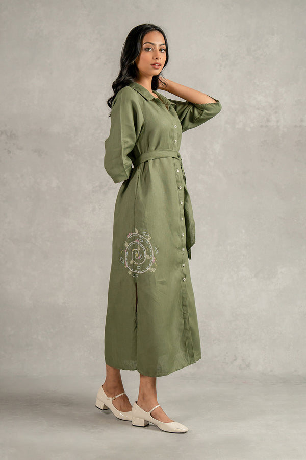 Yavie Linen Long dress with Pockets - Olive Green