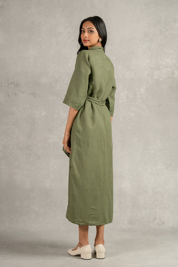 Yavie Linen Long dress with Pockets - Olive Green
