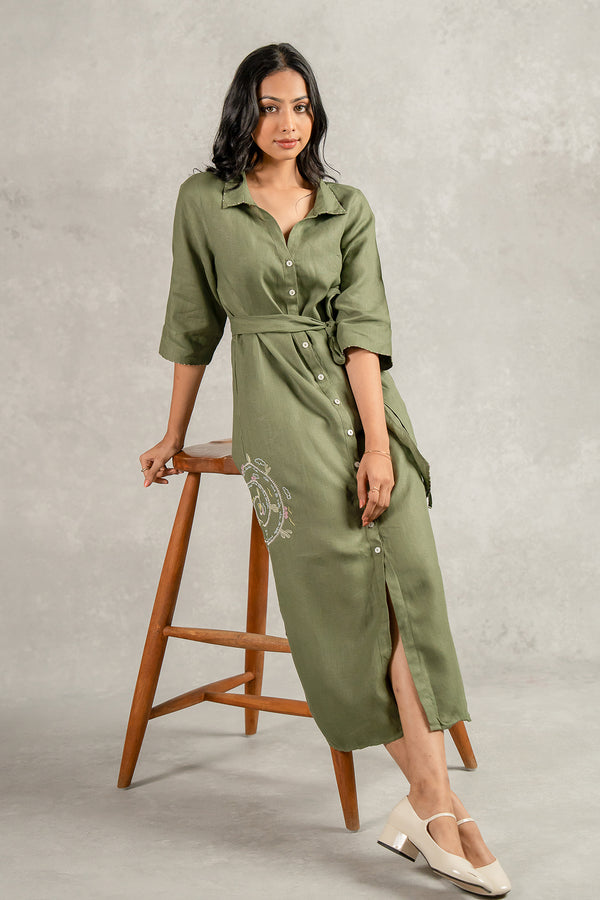 Yavie Linen Long dress with Pockets - Olive Green