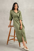 Yavie Linen Long dress with Pockets - Olive Green
