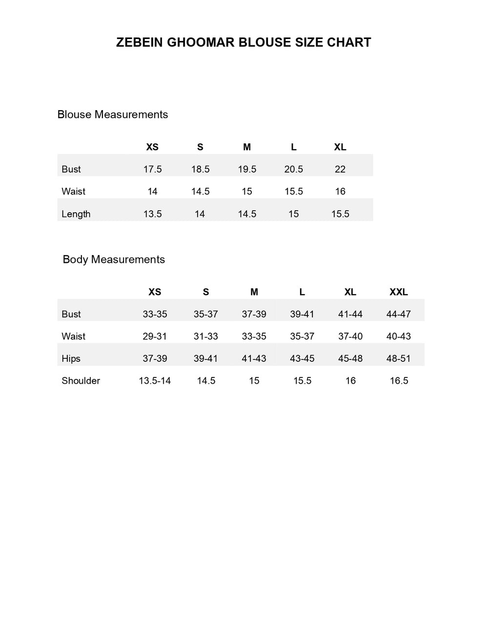 Size Chart 1