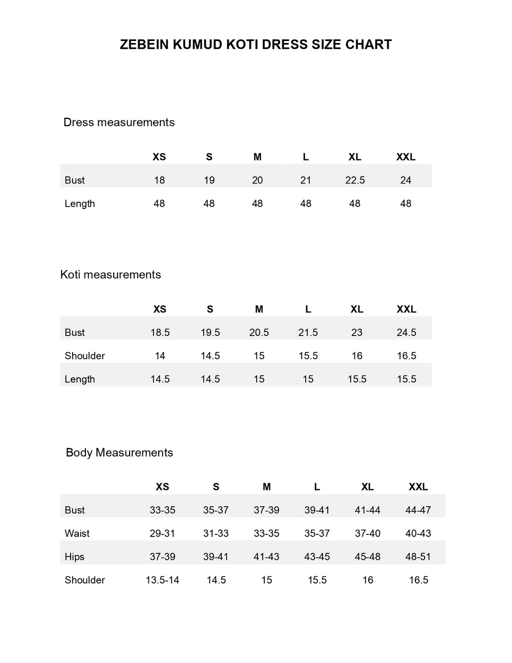 Size Chart 1
