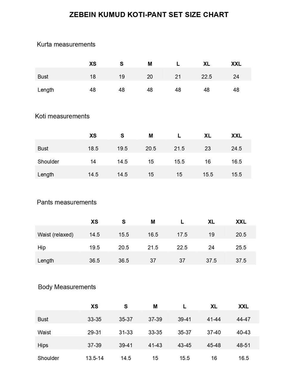 Size Chart 1