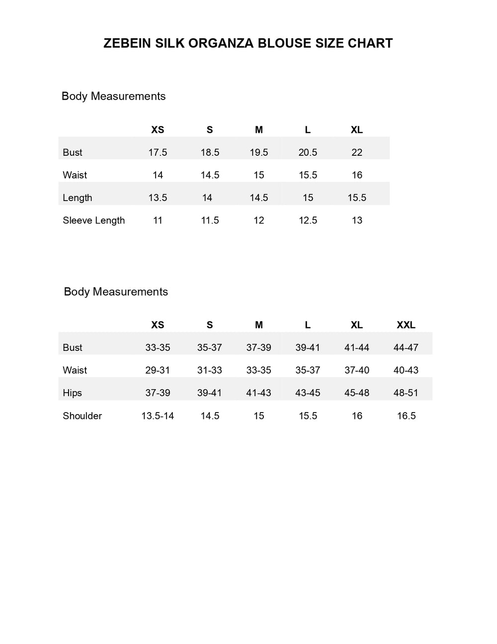 Size Chart 1