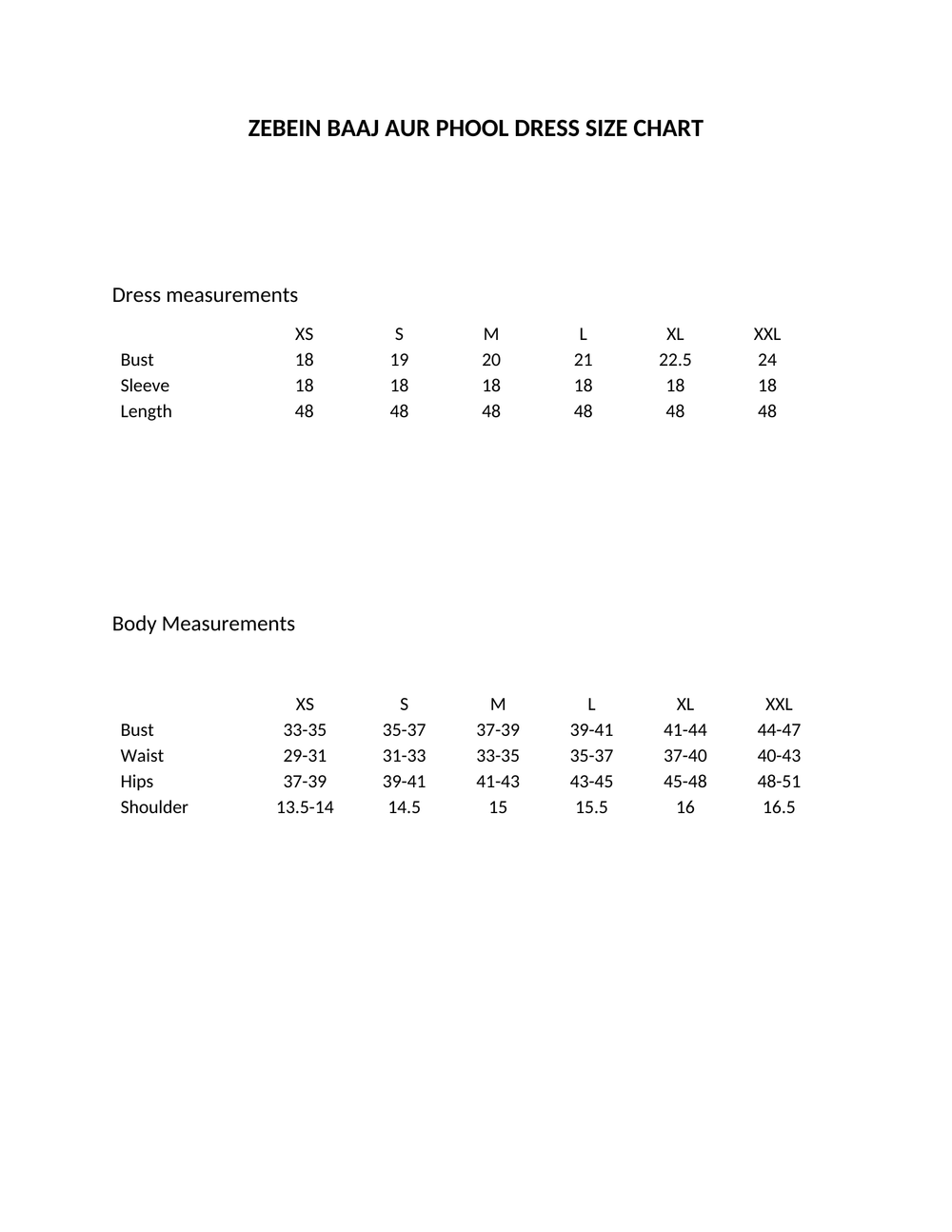 Size Chart 1