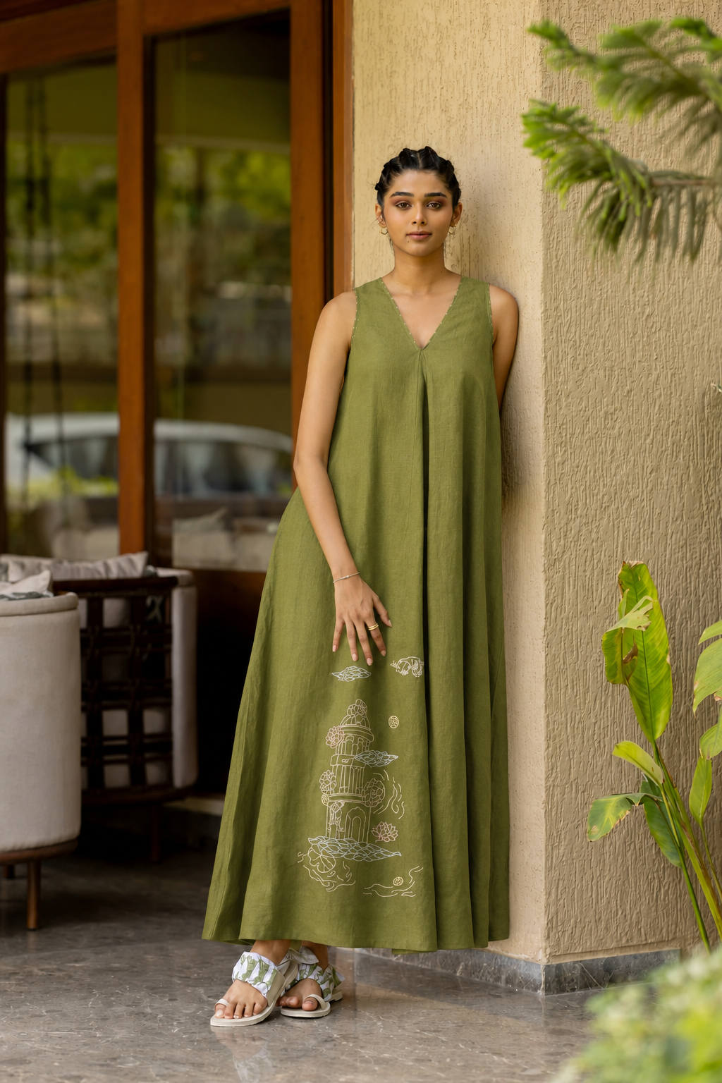 Olive Green Embroidered Linen Dress for Women | Zebein