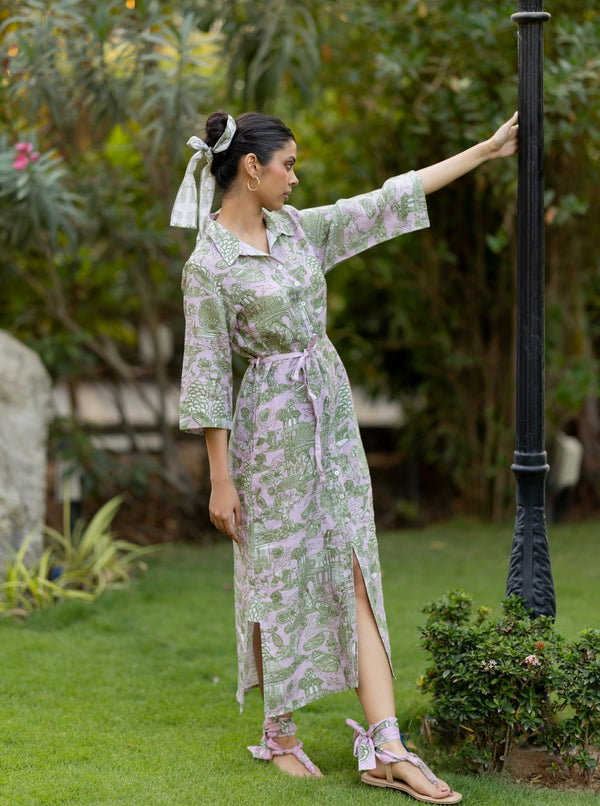 Woman wearing Pink Banaras printed 100% pure linen Yavi dress by Zebein India