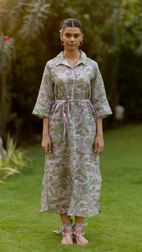 Woman wearing Pink Banaras printed 100% pure linen Yavi dress by Zebein India