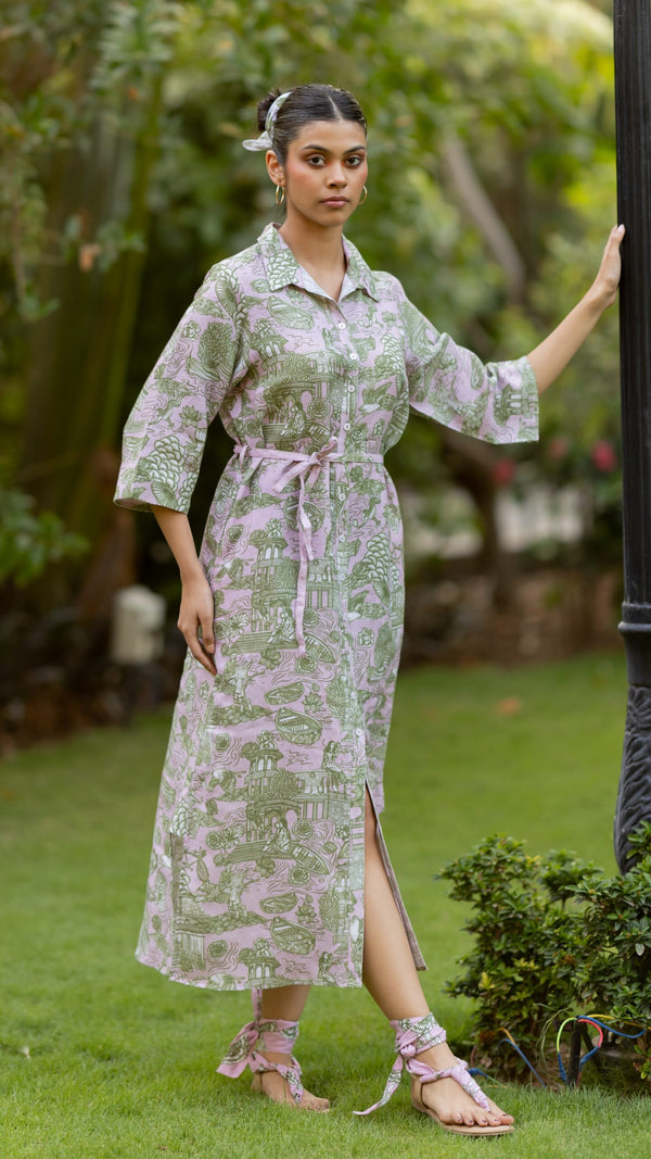 Woman wearing Pink Banaras printed 100% pure linen Yavi dress by Zebein India
