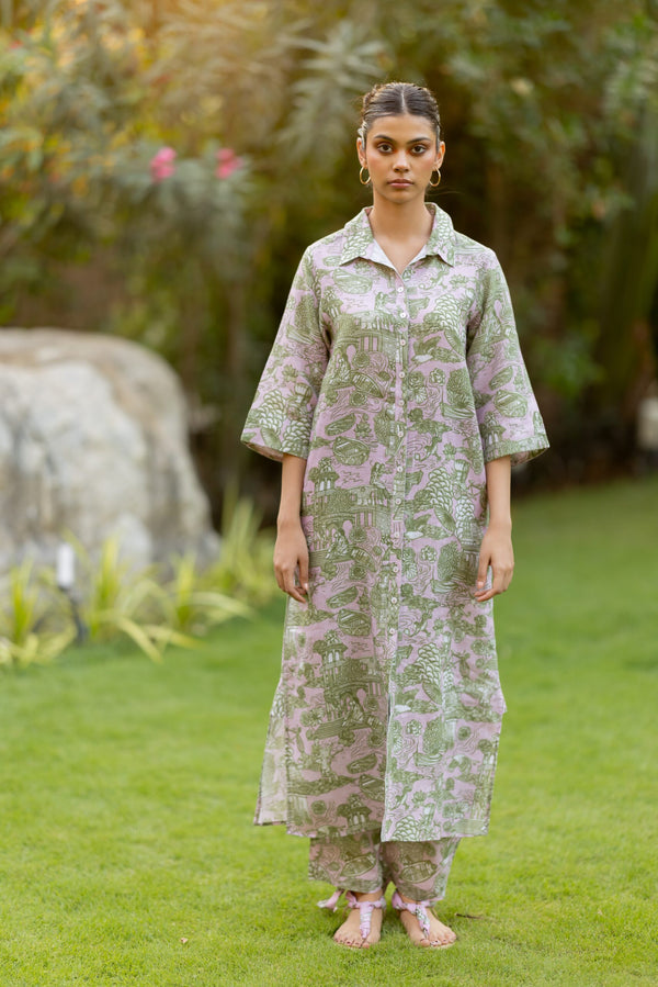 Woman wearing Pink Banaras printed 100% pure linen Yavi dress by Zebein India