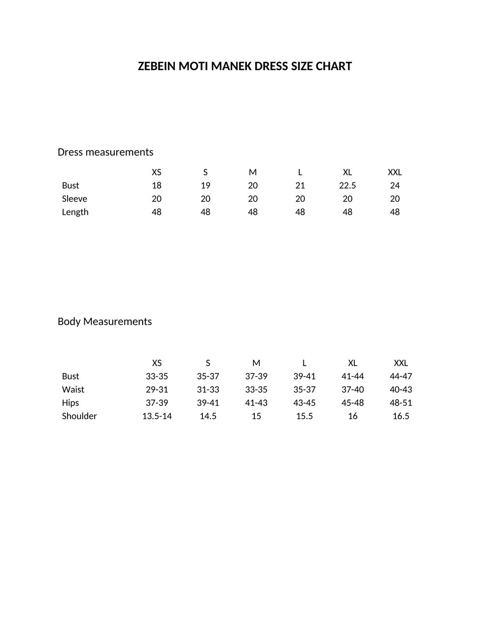 Size Chart 1
