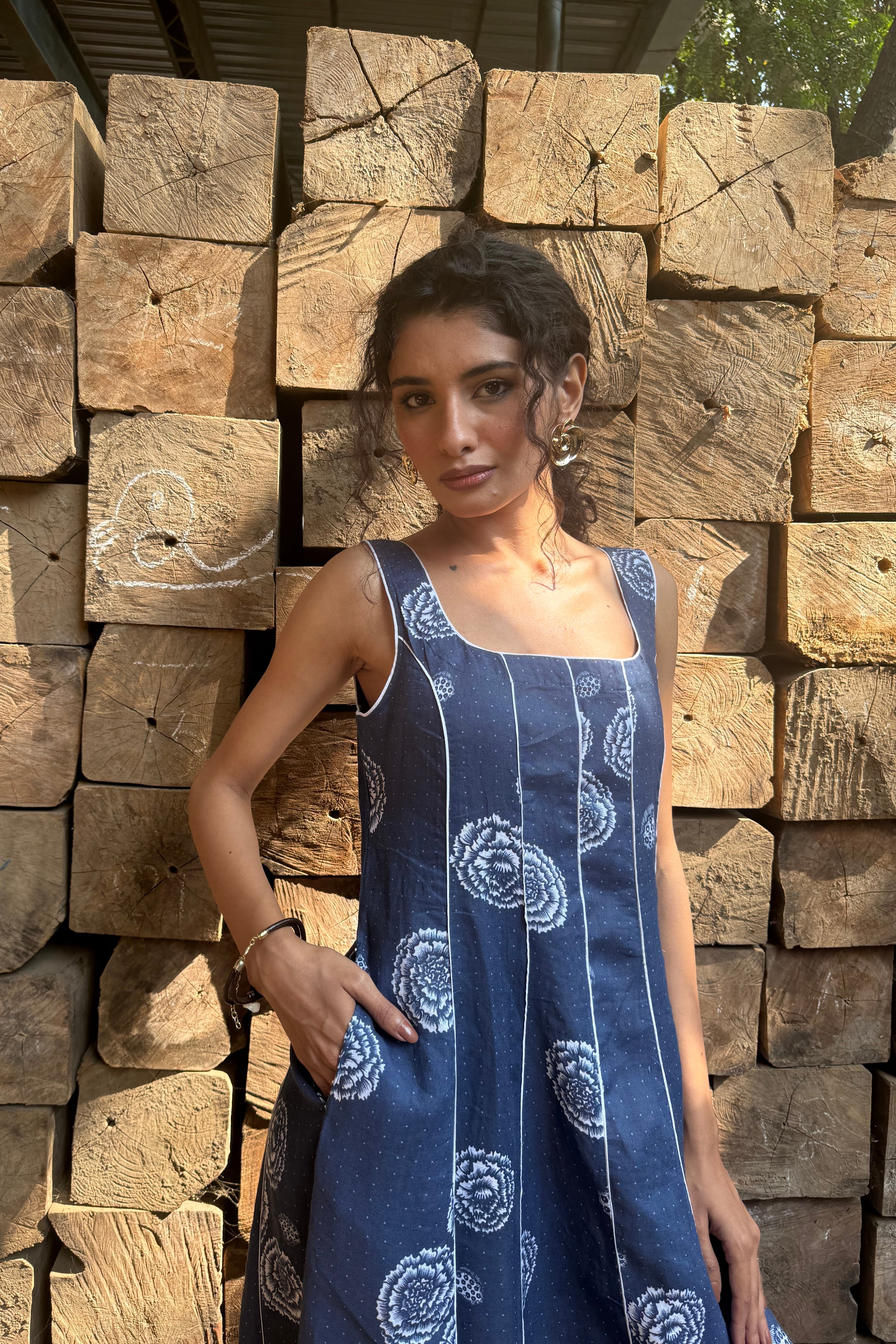 Linen Panel Dress- Blue Floral