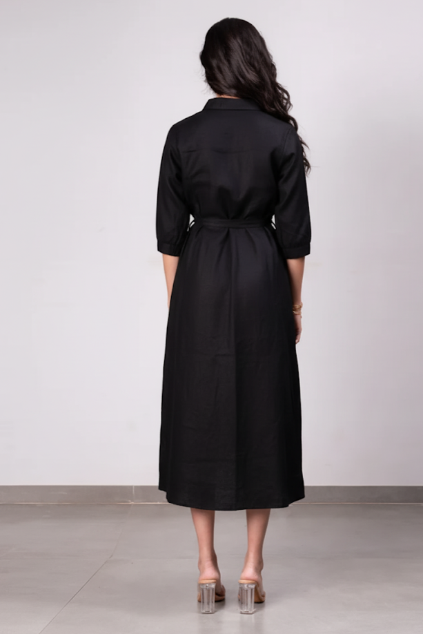 Sara kali Linen Dress with Pockets - Black