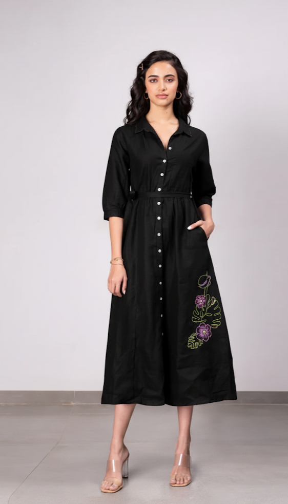 Sara kali Linen Dress with Pockets - Black