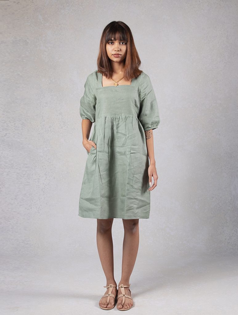 Rachel dress – linen boblin dress green - Zebein India | Linen Drama