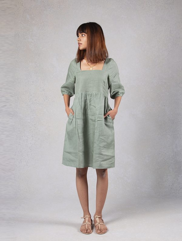 Rachel dress – linen boblin dress green - Zebein India | Linen Drama