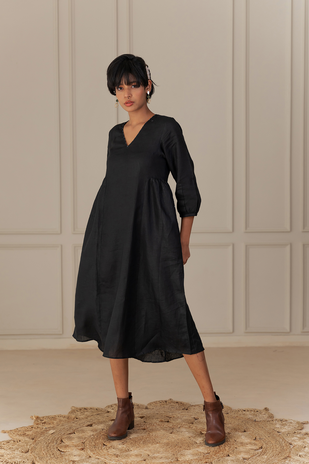 Nova Linen Dress – Black - Zebein India | Linen Drama